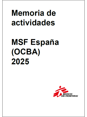 Portada de la memoria de actividades de MSF España (OCBA) en 2025