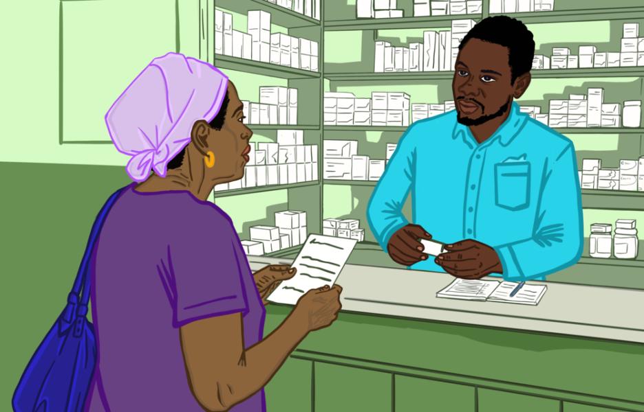 Una mujer en una farmacia de Puerto Príncipe compra medicamentos. 