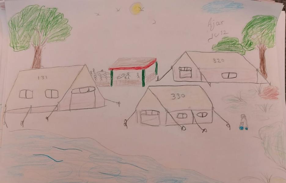 Dibujos de niños que viven en los campos de las islas griegas.