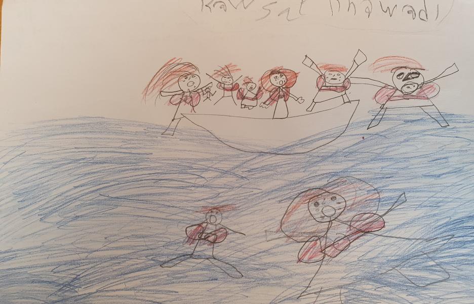 Dibujos de niños que viven en los campos de las islas griegas.