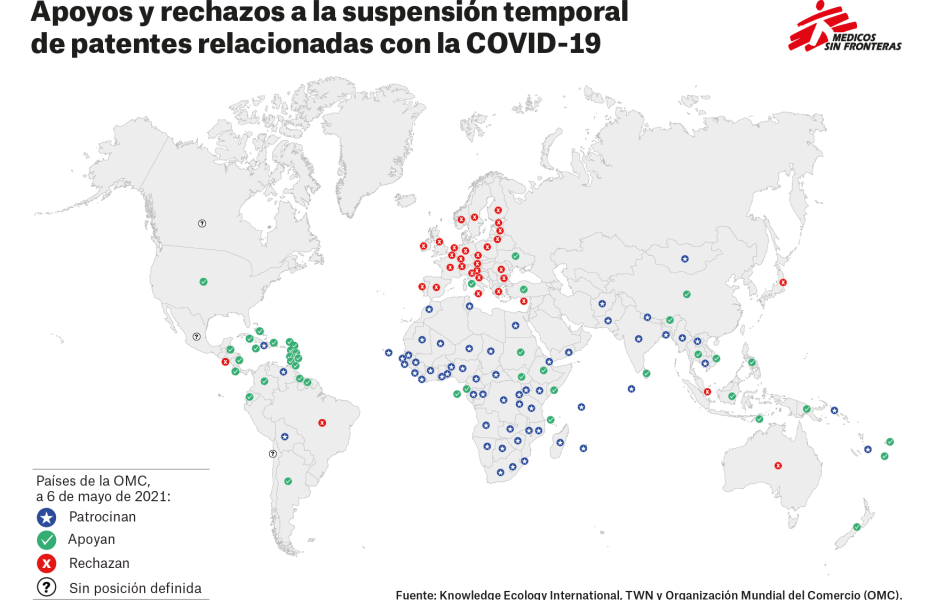 Mapa países a favor, indecisos y en contra de la suspensión temporal de patentes COVID-19 - 6 de mayo de 2021 Mapa países a favor, indecisos y en contra de la suspensión temporal de patentes COVID-19 - 6 de mayo de 2021
