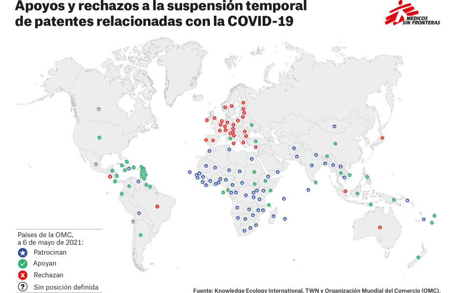 Mapa países a favor, indecisos y en contra de la suspensión temporal de patentes COVID-19 - 6 de mayo de 2021