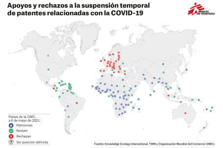 Mapa países a favor, indecisos y en contra de la suspensión temporal de patentes COVID-19 - 6 de mayo de 2021