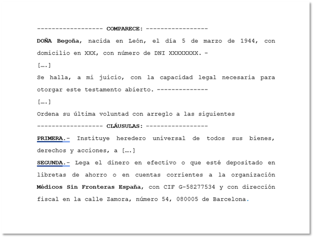 Testamento abierto notarial cuando se decide dejar como legado una cantidad de dinero concreto o el dinero de las cuentas corrientes a Médicos Sin Fronteras