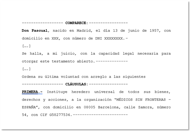 Testamento abierto notarial cuando se decide nombrar heredero universal a Médicos Sin Fronteras