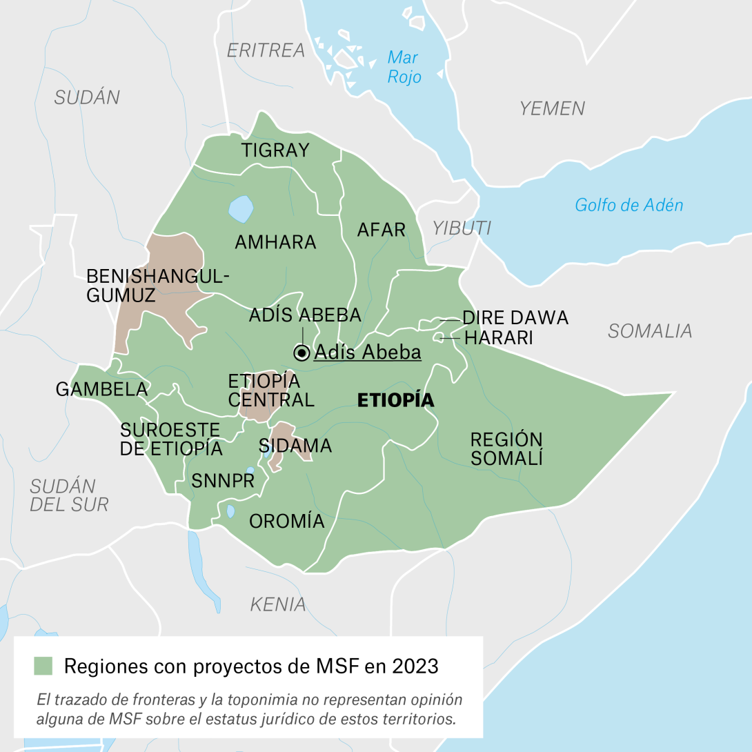 Mapa de proyectos MSF en Etiopía en 2023