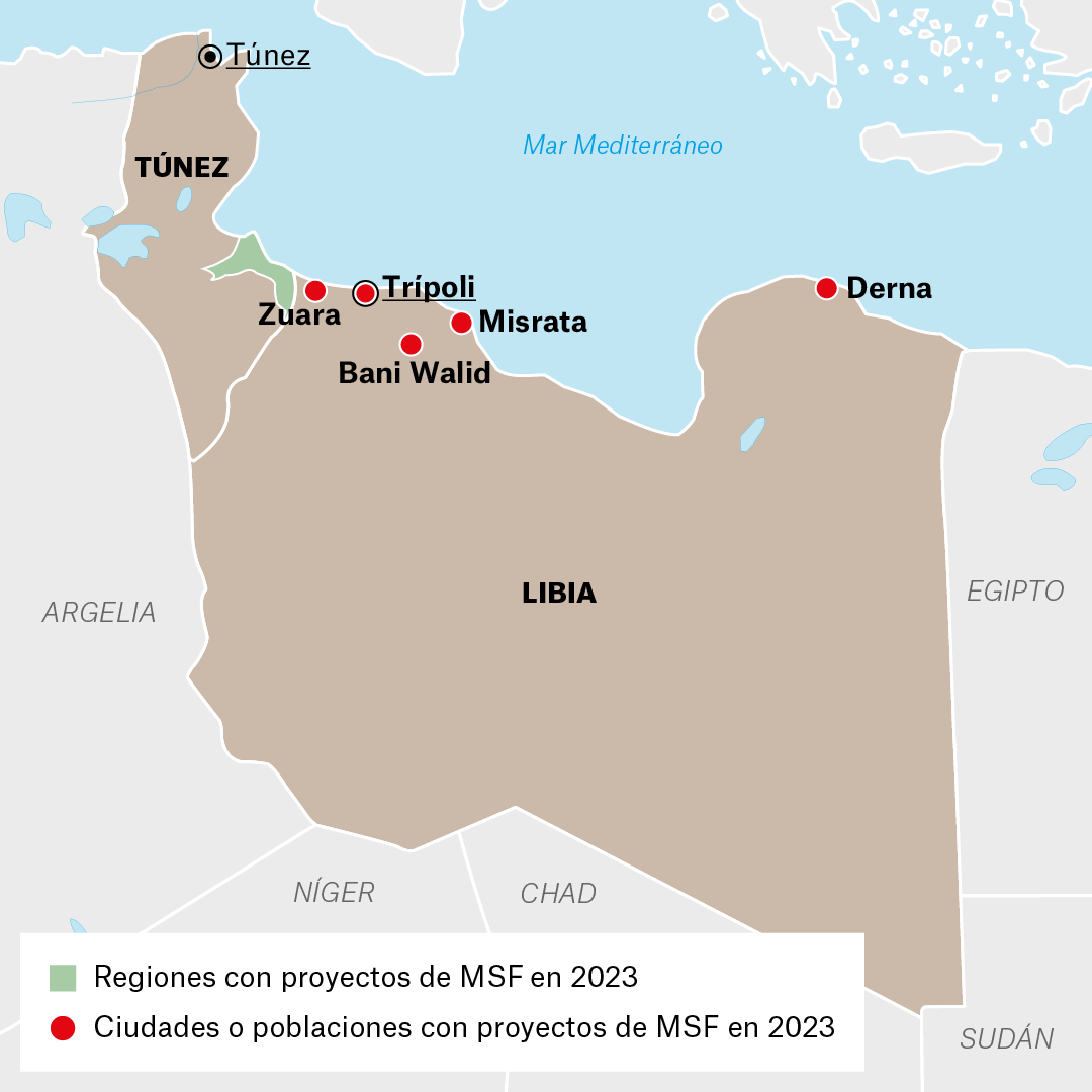 Mapa de proyectos de MSF en Libia en 2023