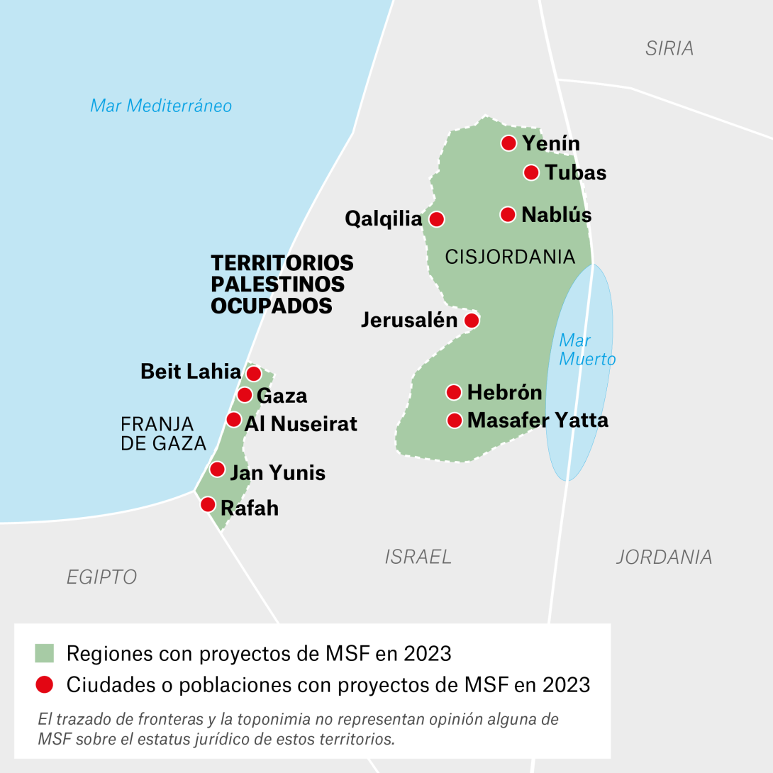 Mapa de proyectos de MSF en los Territorios Palestinos Ocupados en 2023