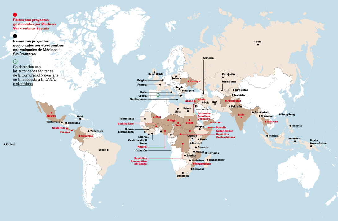 Mapa de proyectos MSF en todo el mundo durante 2024