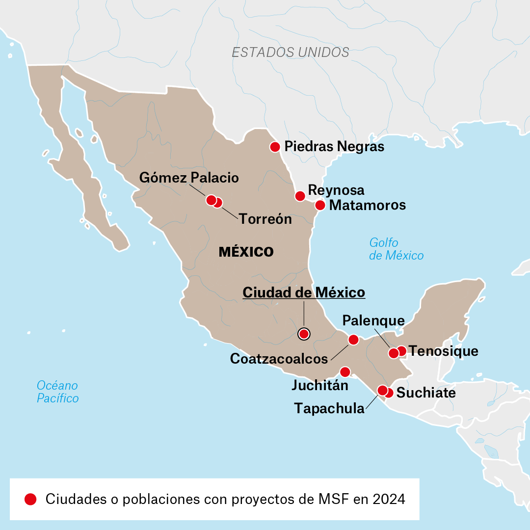 Mapa de proyectos de MSF en México en 2024