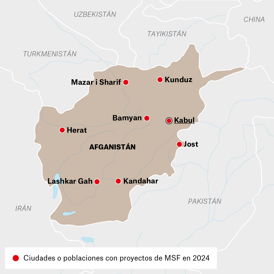 Mapa de proyectos MSF en Afganistán en 2024