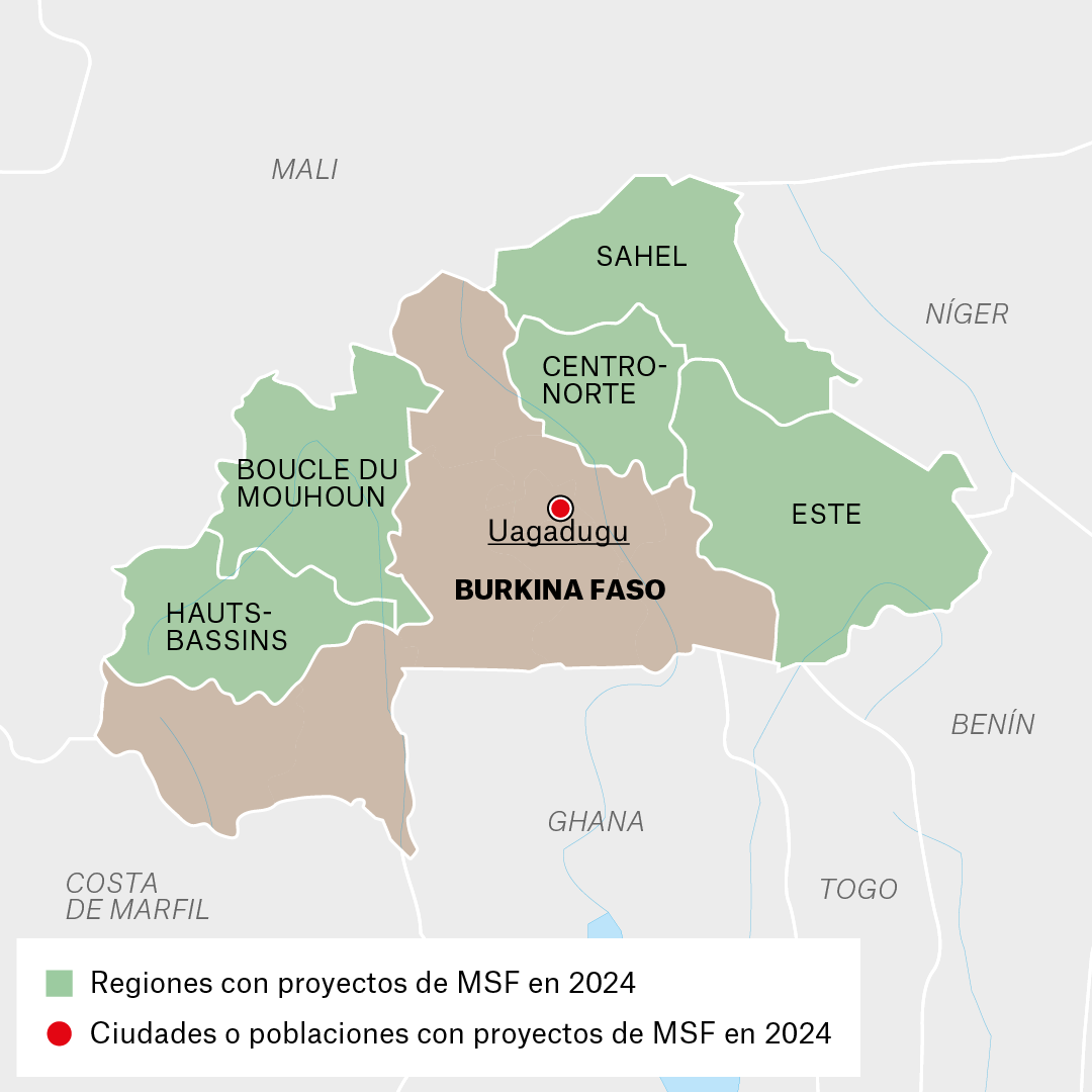 Mapa de proyectos MSF en Burkina Faso en 2024