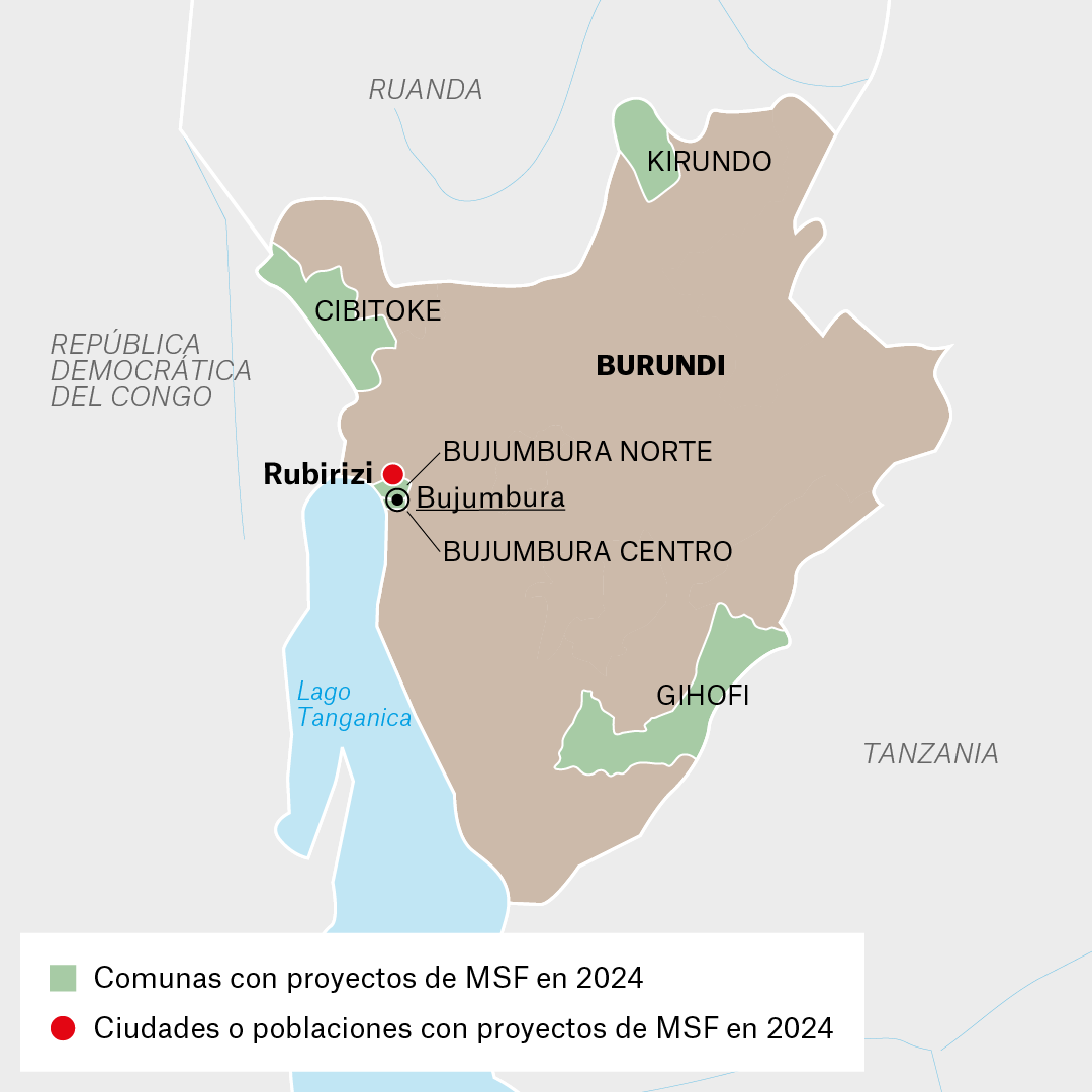 Mapa de proyectos MSF en Burundi en 2024