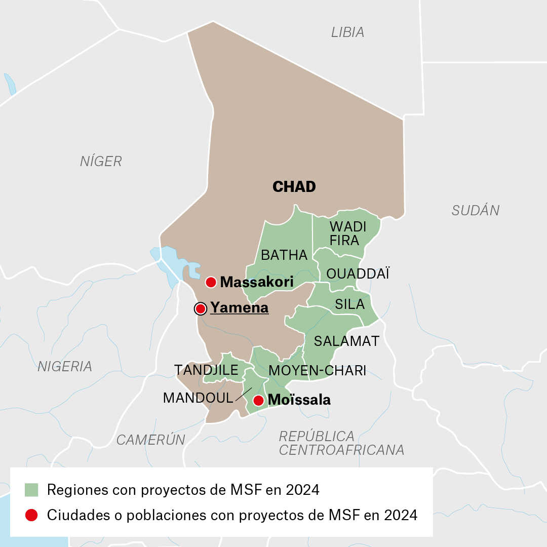 Mapa de actividades de MSF en Chad en 2024