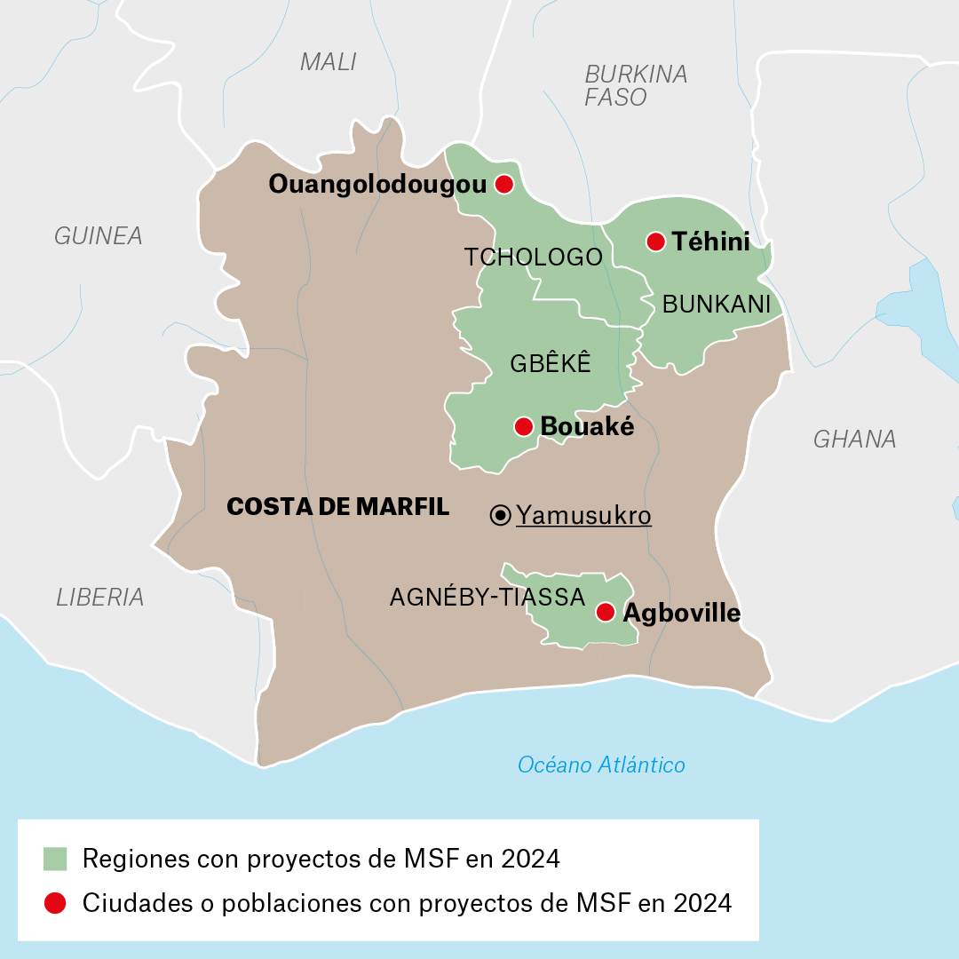 Mapa de proyectos de MSF en Costa de Marfil en 2024