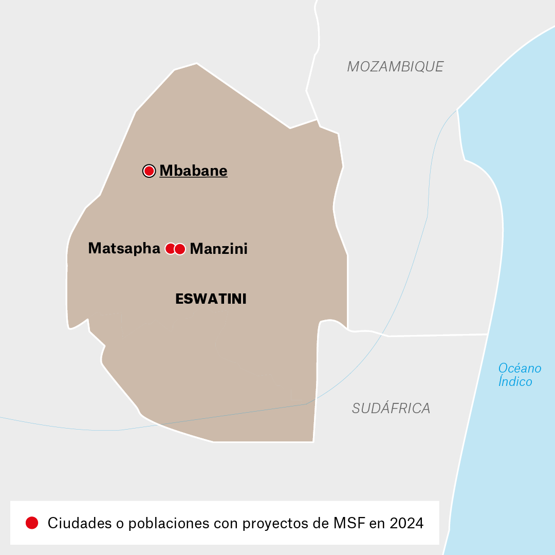 Mapa de proyectos MSF en Eswatini en 2024