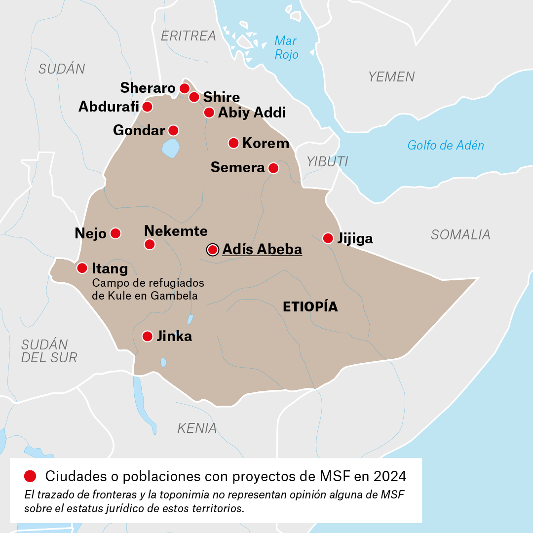 Mapa de proyectos de MSF en Etiopía en 2024