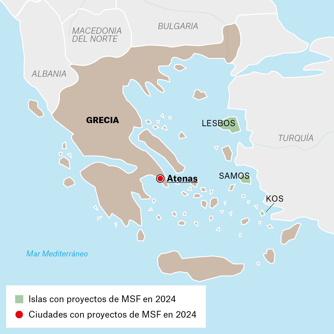 Mapa de proyectos de MSF en Grecia en 2024