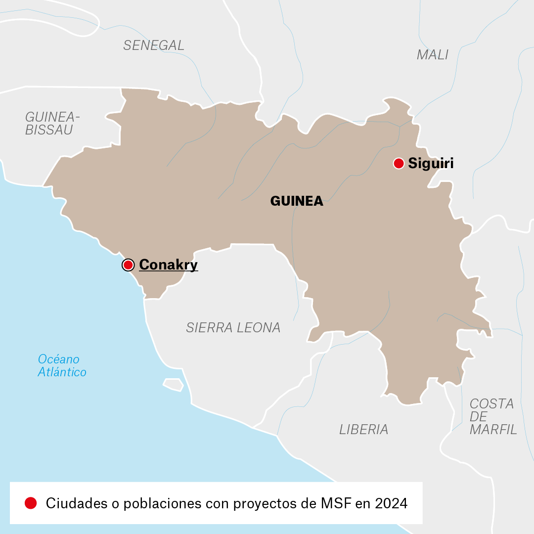 Mapa de proyectos de MSF en Guinea en 2024