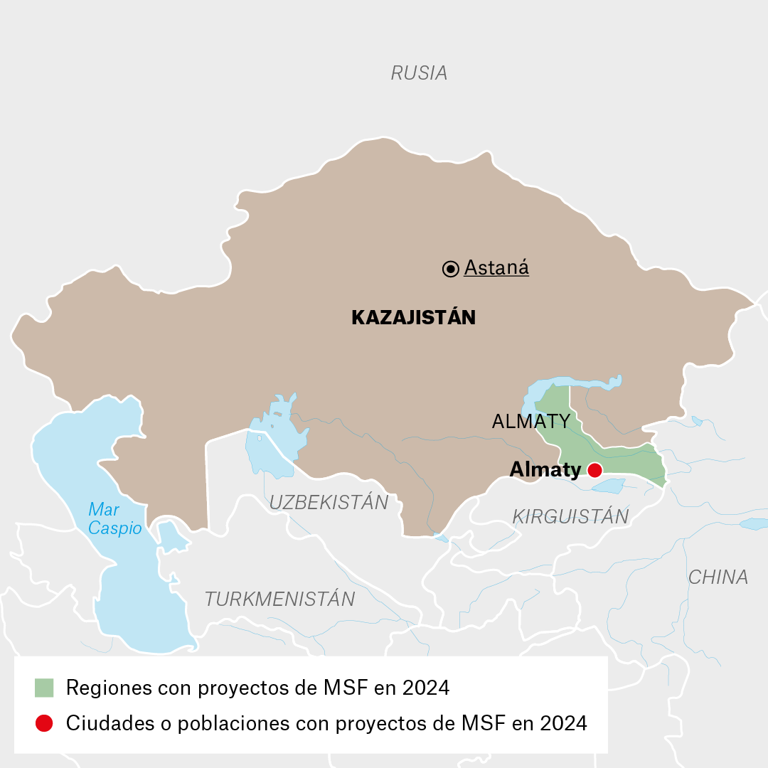 Mapa de proyectos de MSF en Kazajistán en 2024
