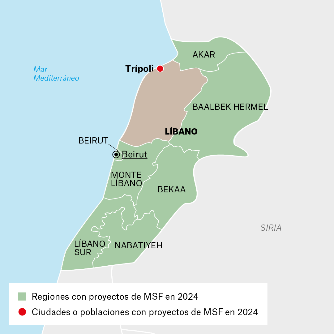 Mapa de proyectos de MSF en Líbano en 2024