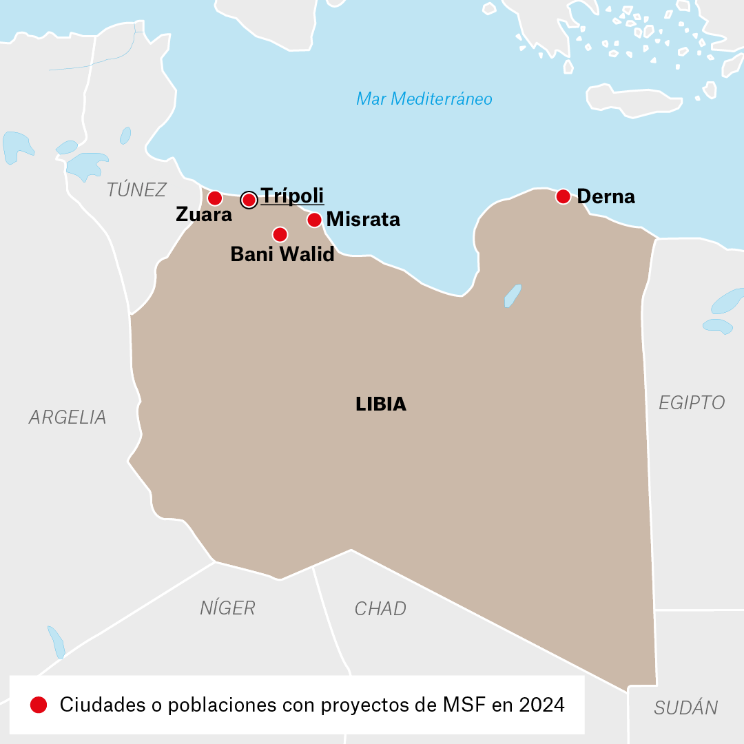 Mapa de proyectos de MSF en Libia en 2024