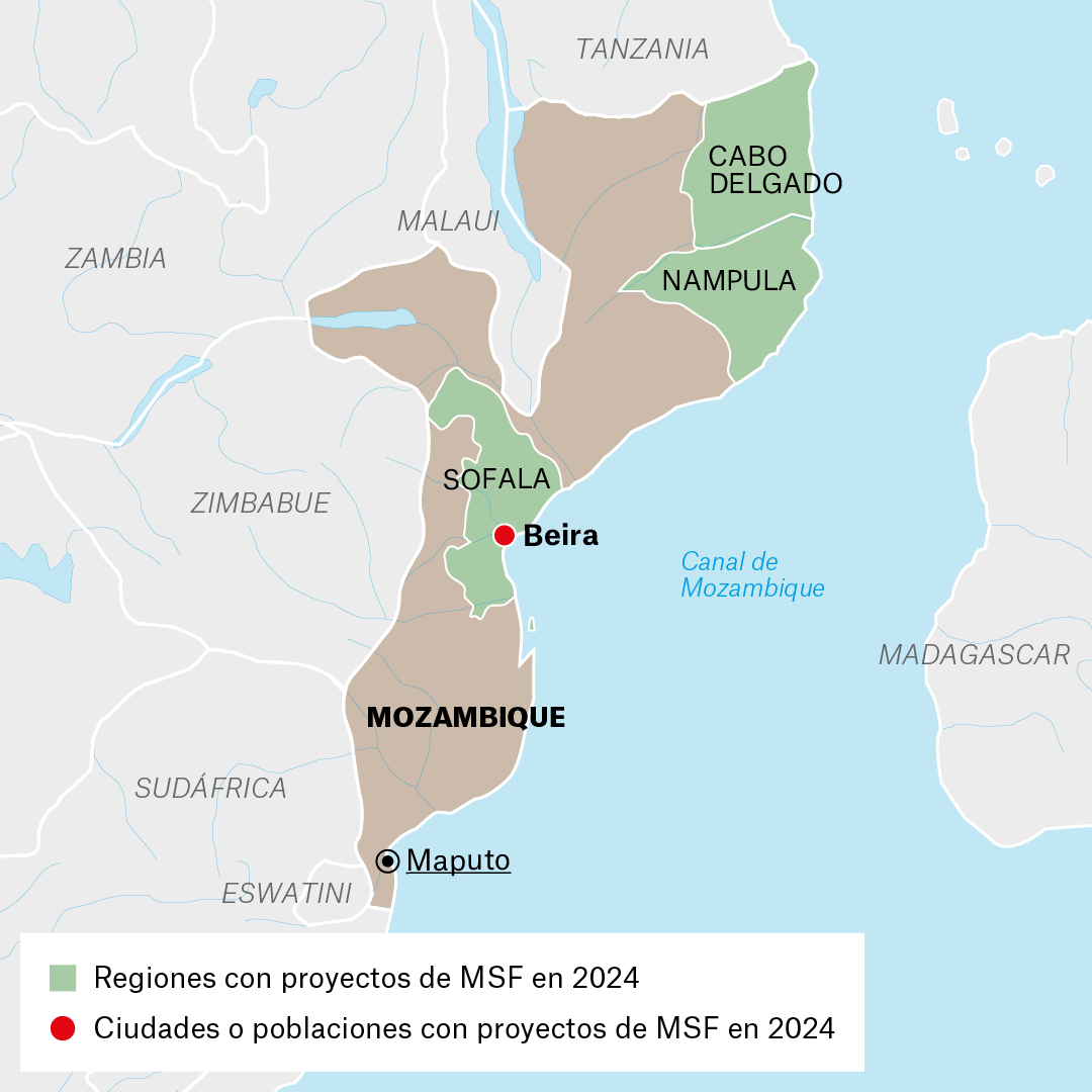 Mapa de proyectos de MSF en Mozambique en 2024