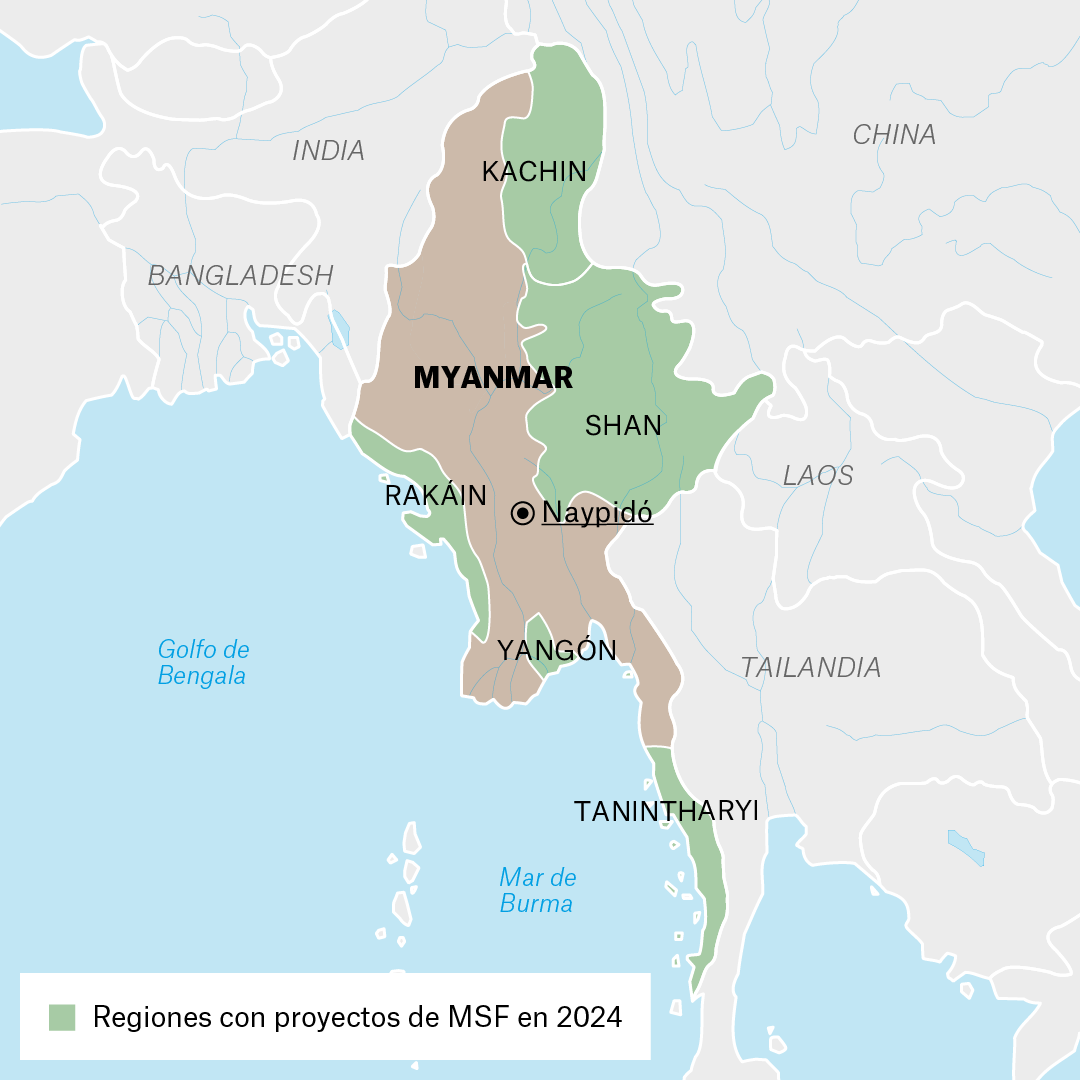 Mapa de proyectos de MSF en Myanmar en 2024