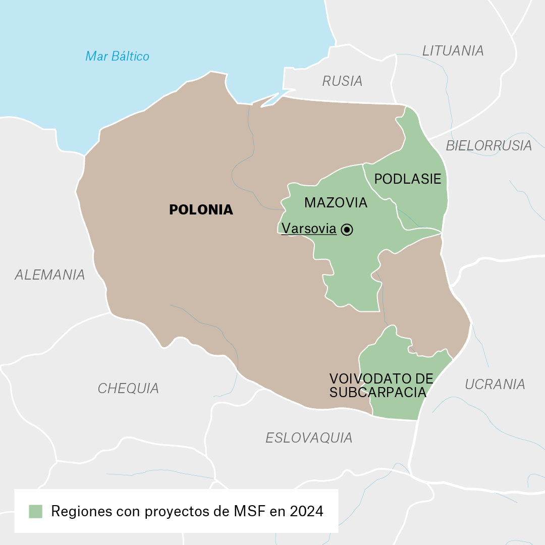 Mapa de proyectos de MSF en Polonia en 2024
