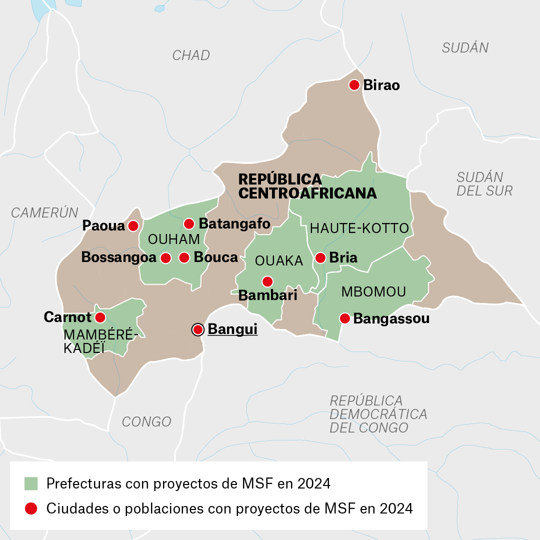Mapa de proyectos MSF en República Centroafricana en 2024
