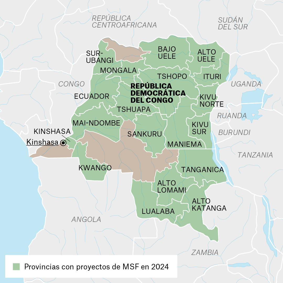 Mapa de proyectos de MSF en República Democrática del Congo en 2024