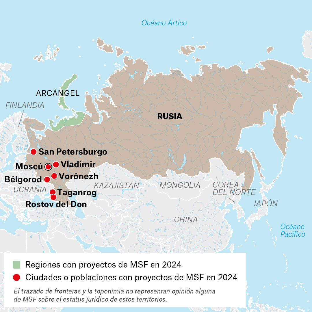 Mapa de proyectos de MSF en Rusia en 2024