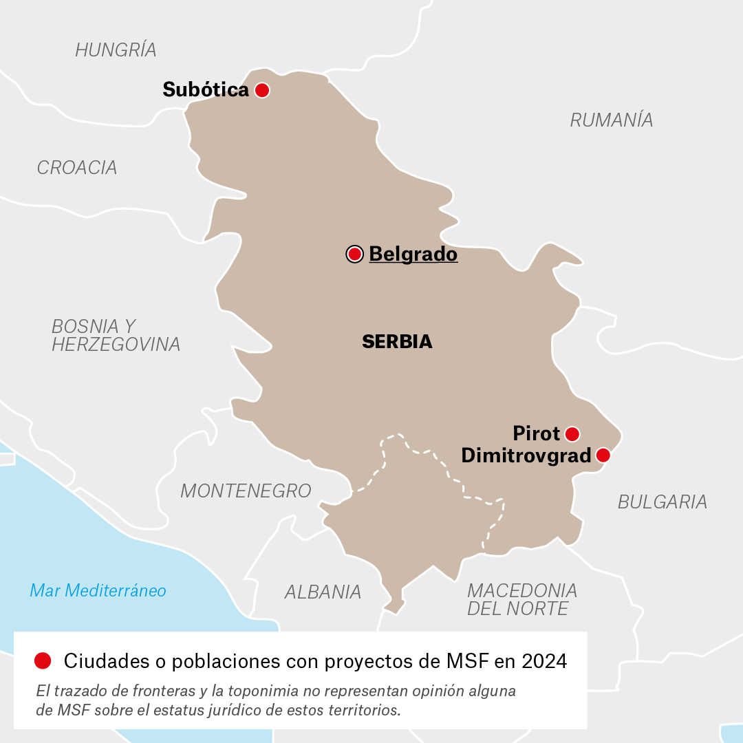 Mapa de proyectos de MSF en Serbia en 2024