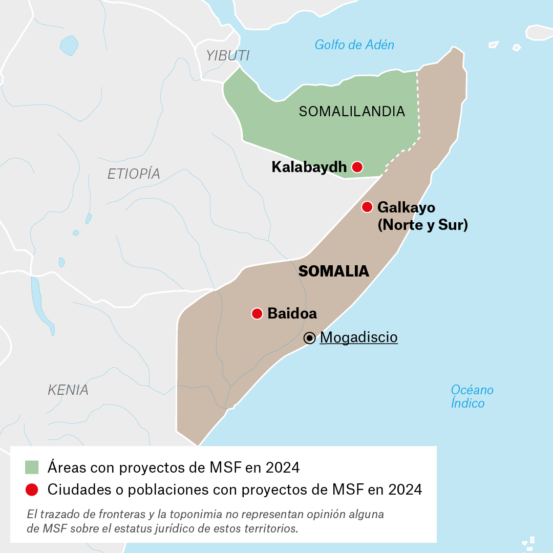 Mapa de proyectos de MSF en Somalia en 2024