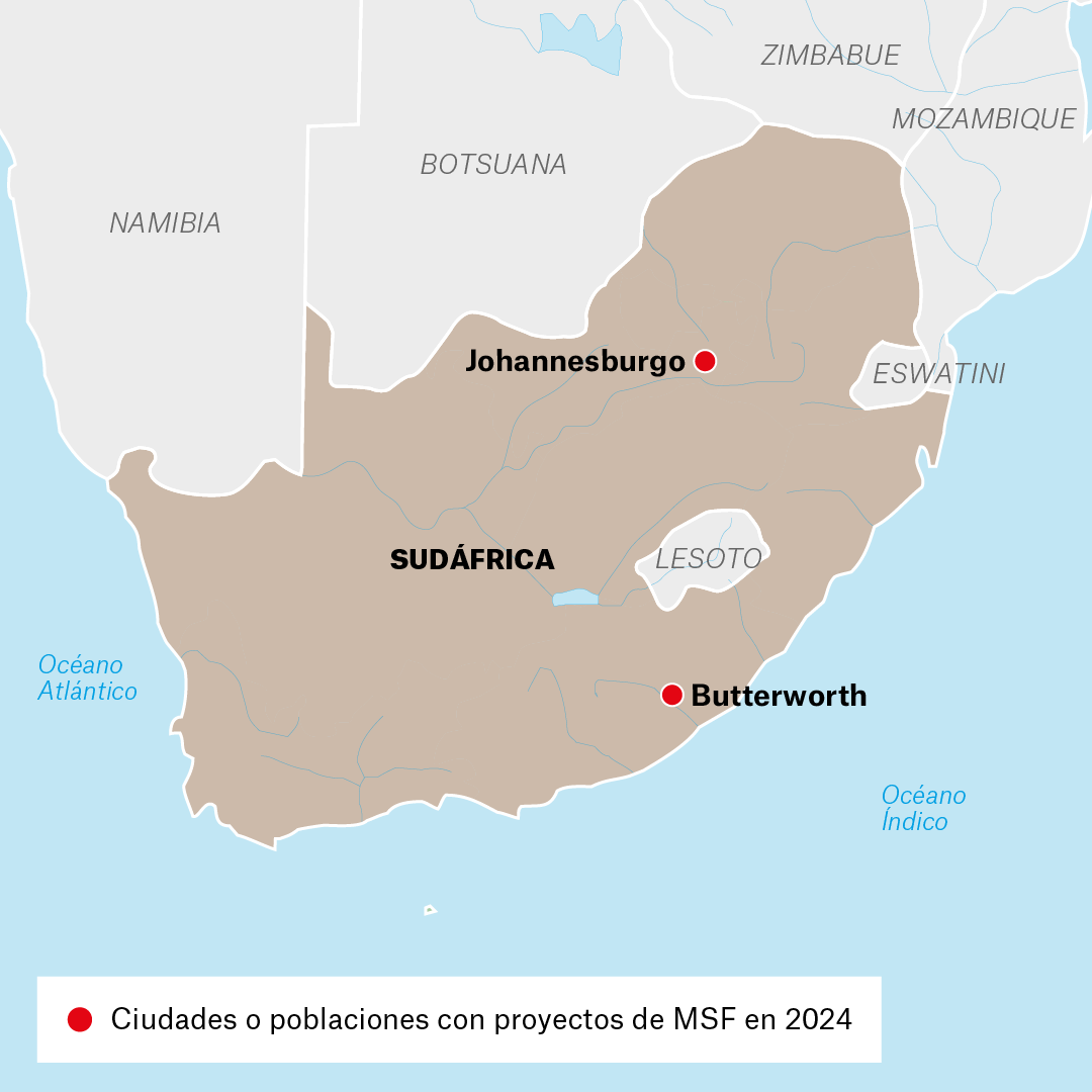 Mapa de proyectos de MSF de Sudáfrica de 2024