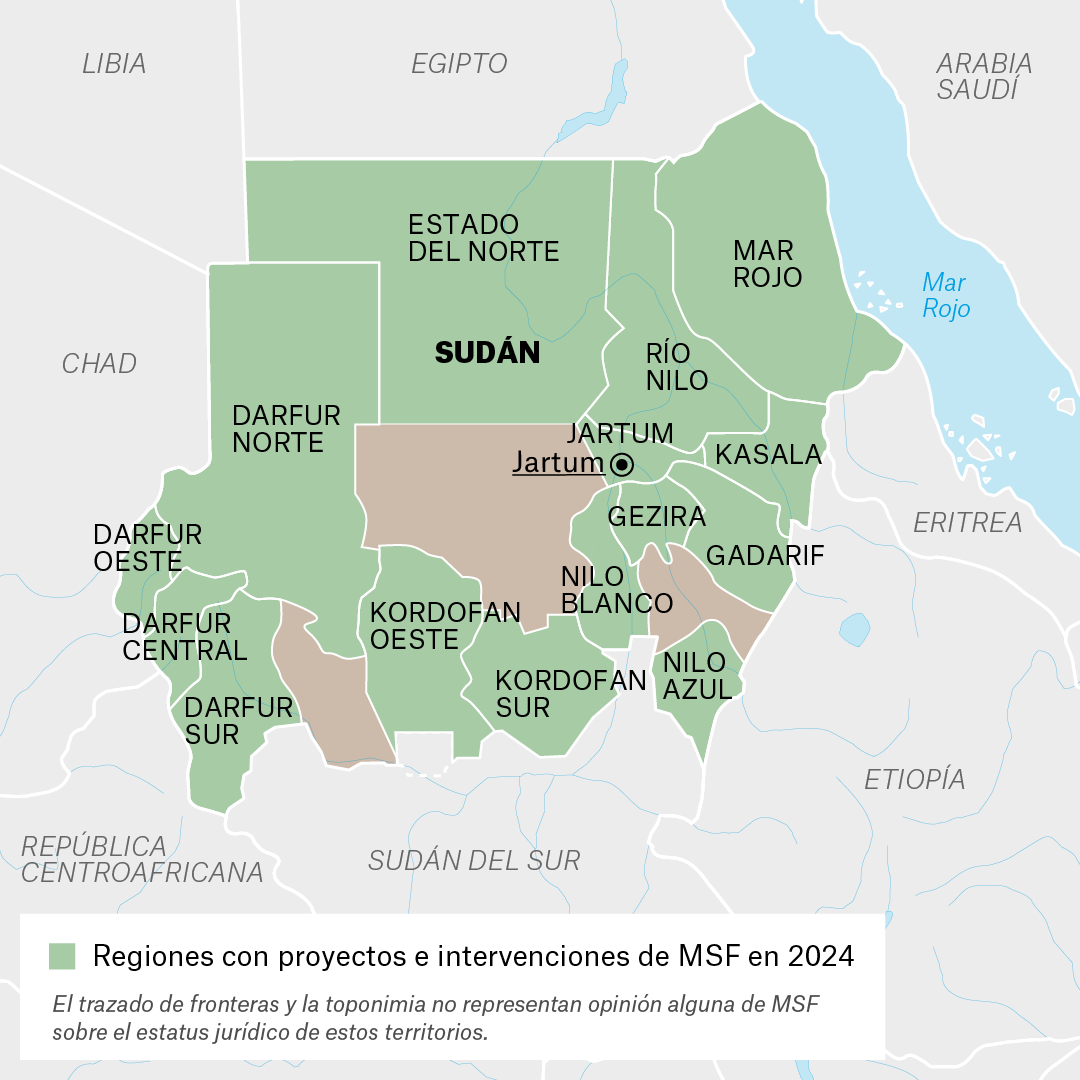 Mapa de proyectos de MSF en Sudán en 2024