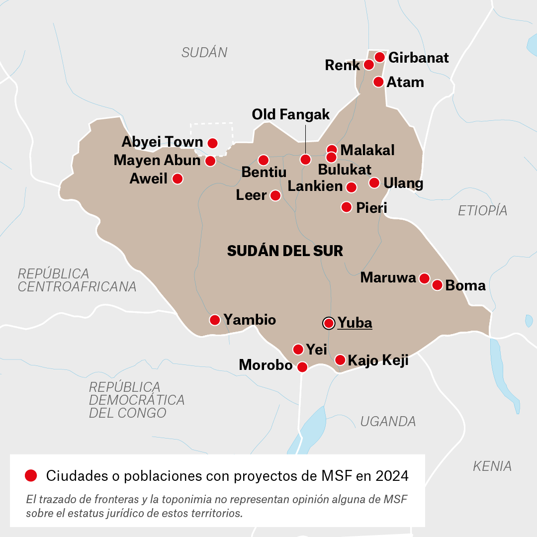 Mapa de proyectos de MSF en Sudán del Sur en 2024
