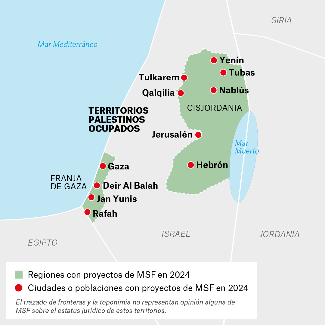 Mapa de proyectos de MSF en Territorios Palestinos Ocupados en 2024
