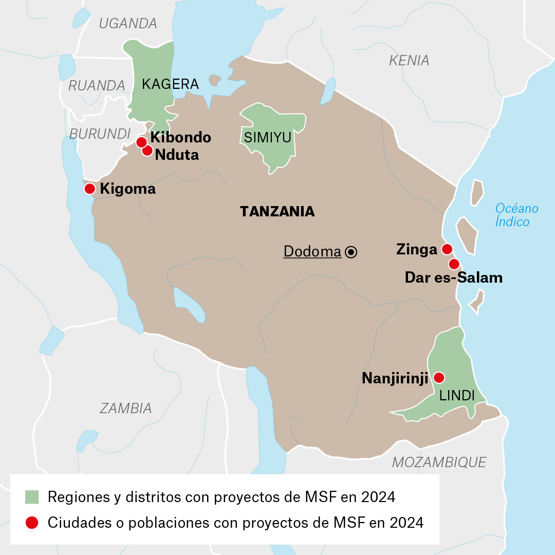 Mapa de proyectos de MSF en Tanzania en 2024