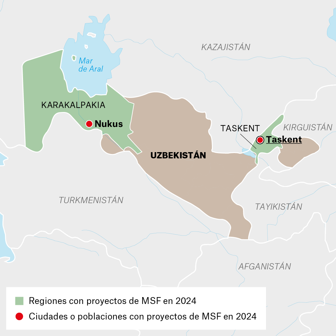 Mapa de proyectos de MSF en Uzbekistán en 2024