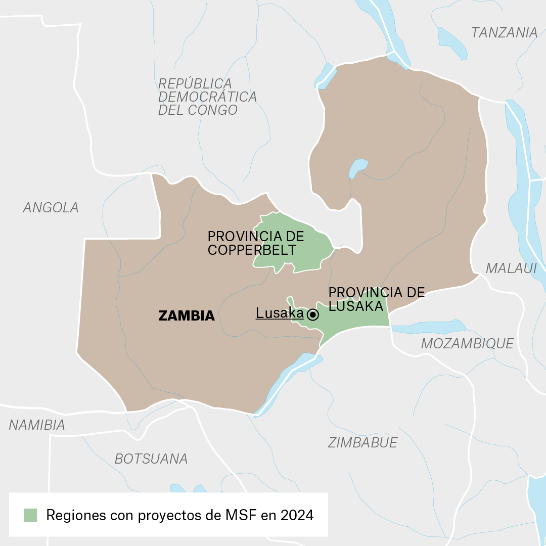Mapa de proyectos de MSF en Zambia en 2024