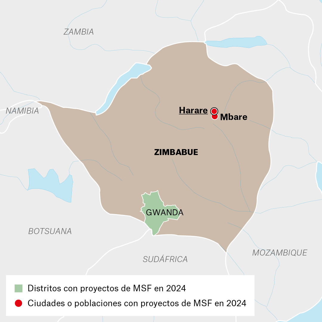 Mapa de proyectos de MSF en Zimbabue en 2024