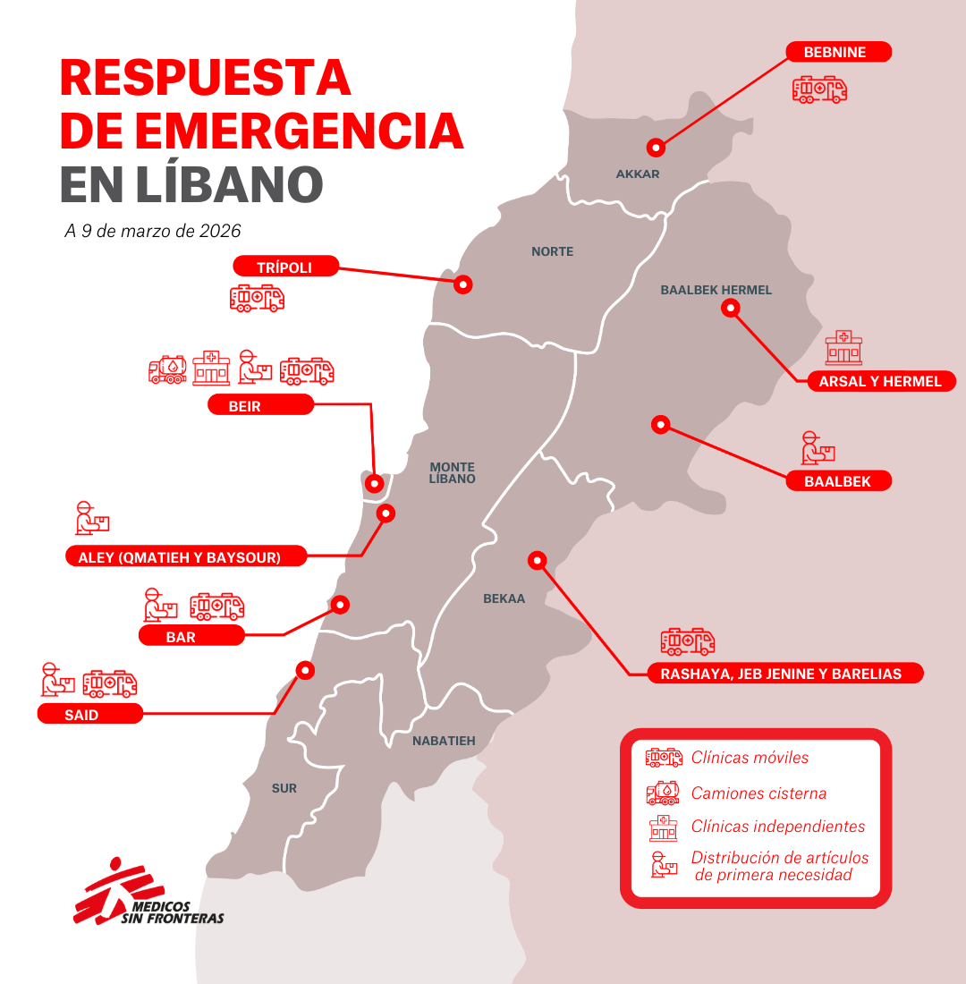 Mapa de la respuesta de emergencia de MSF en Líbano a 9 de marzo de 2026