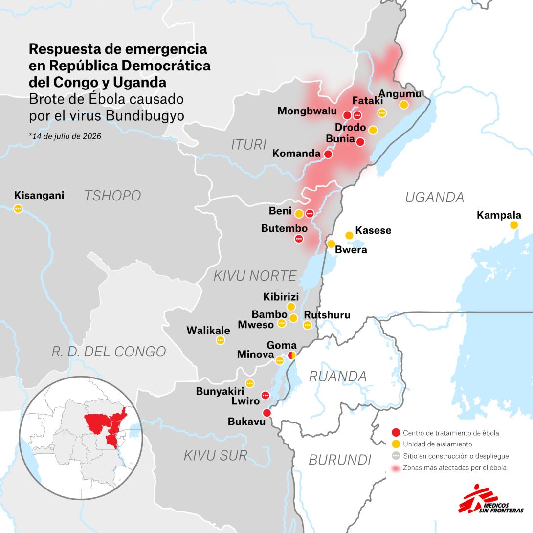 Mapa: respuesta de emergencia de ébola en RDC y Uganda