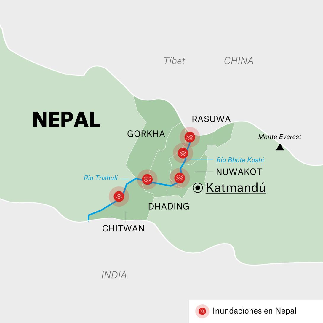 Mapa inundaciones en Nepal-Tibet. Agosto de 2026