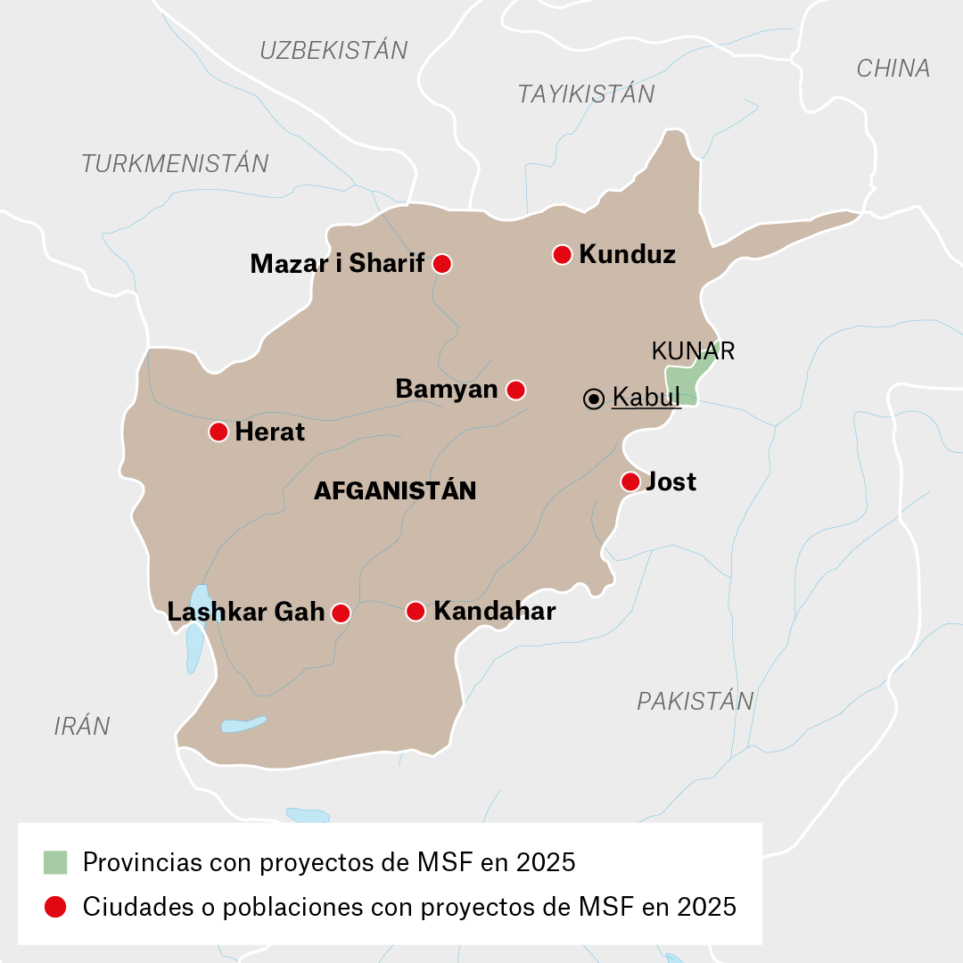 Mapa de proyectos de MSF en Afganistán en 2025