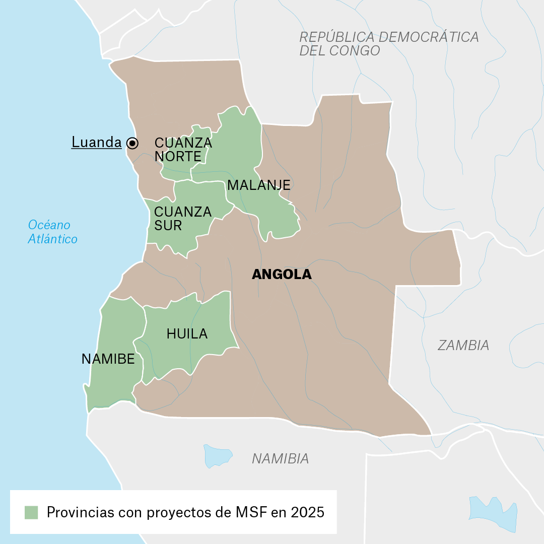 Mapa de proyectos de MSF en Angola en 2025