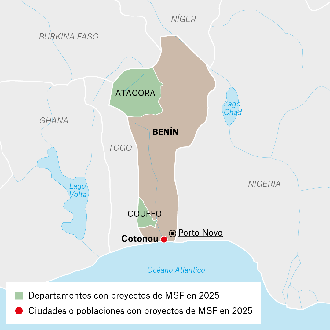 Mapa de proyectos de MSF en Benín en 2025