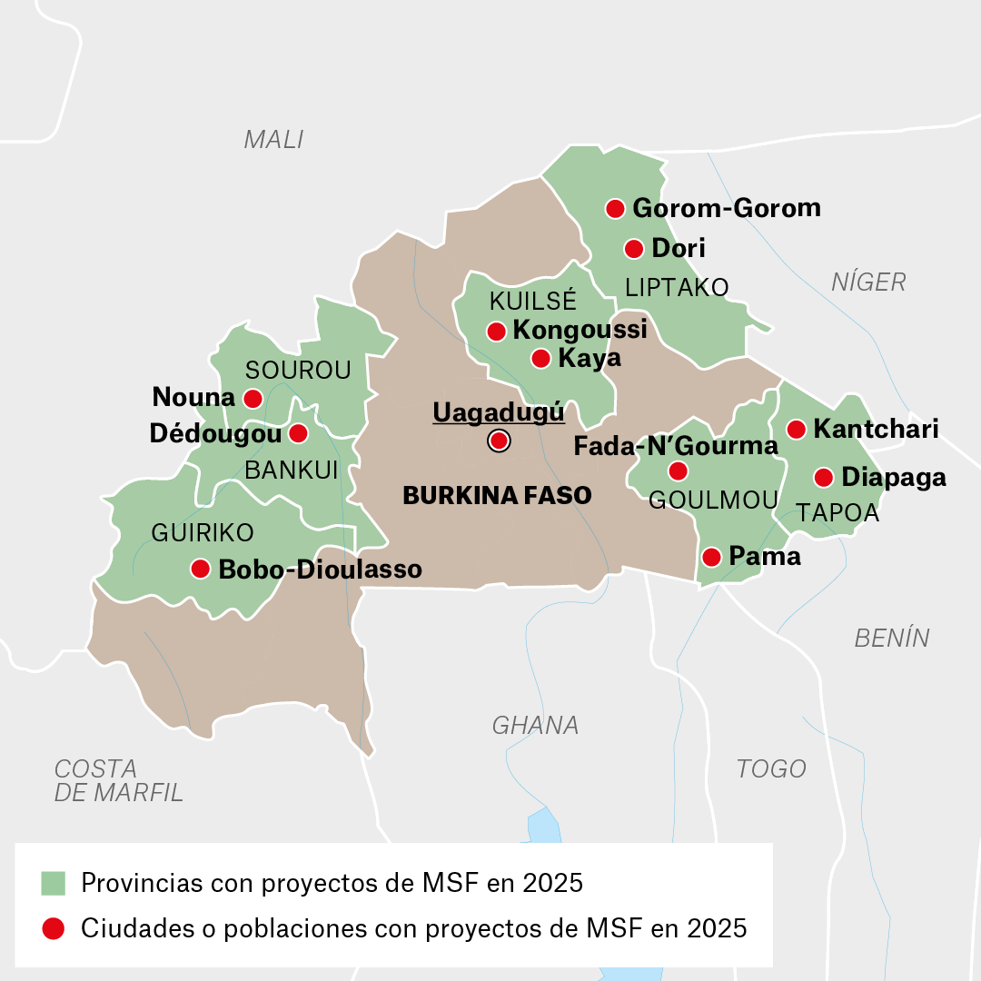 Mapa de proyectos de MSF en Burkina Faso en 2025