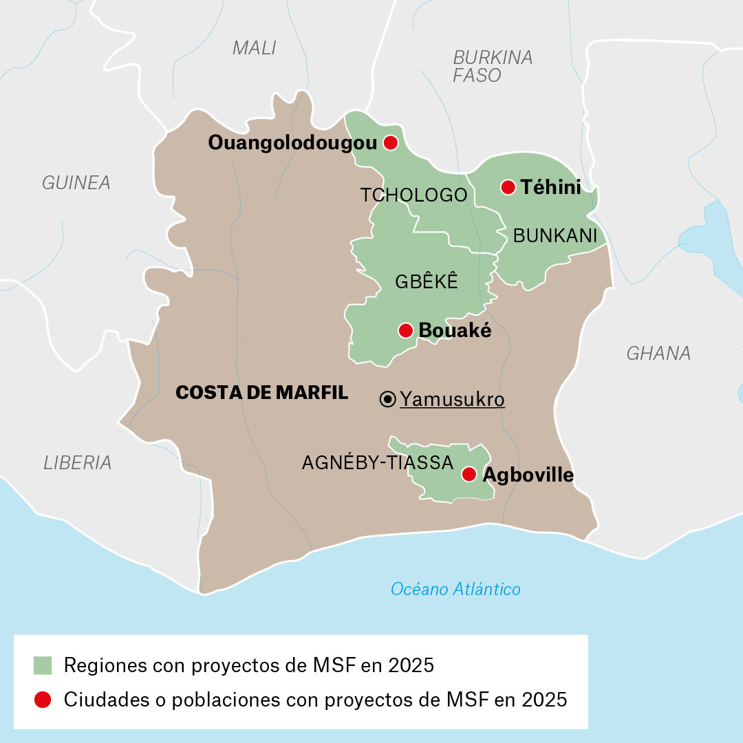 Mapa de proyectos de MSF en Costa de Marfil en 2025